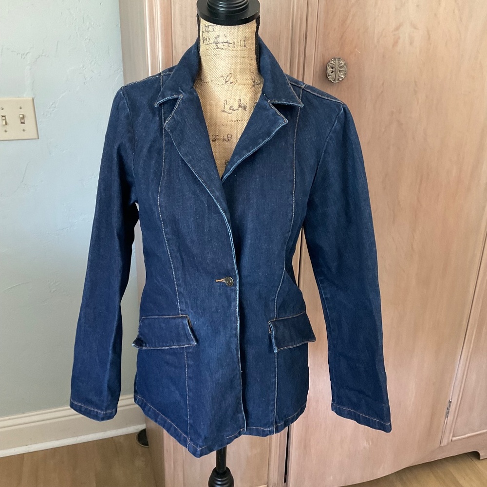 Y2K Denim Blazer dark wash seamed fitted western modern concert career academia - Picture 2 of 15
